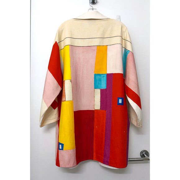 Akris Mural Print Open Front A Line Coat Jacket Red Beige Colorblock Geometric 6 - Picture 9 of 16